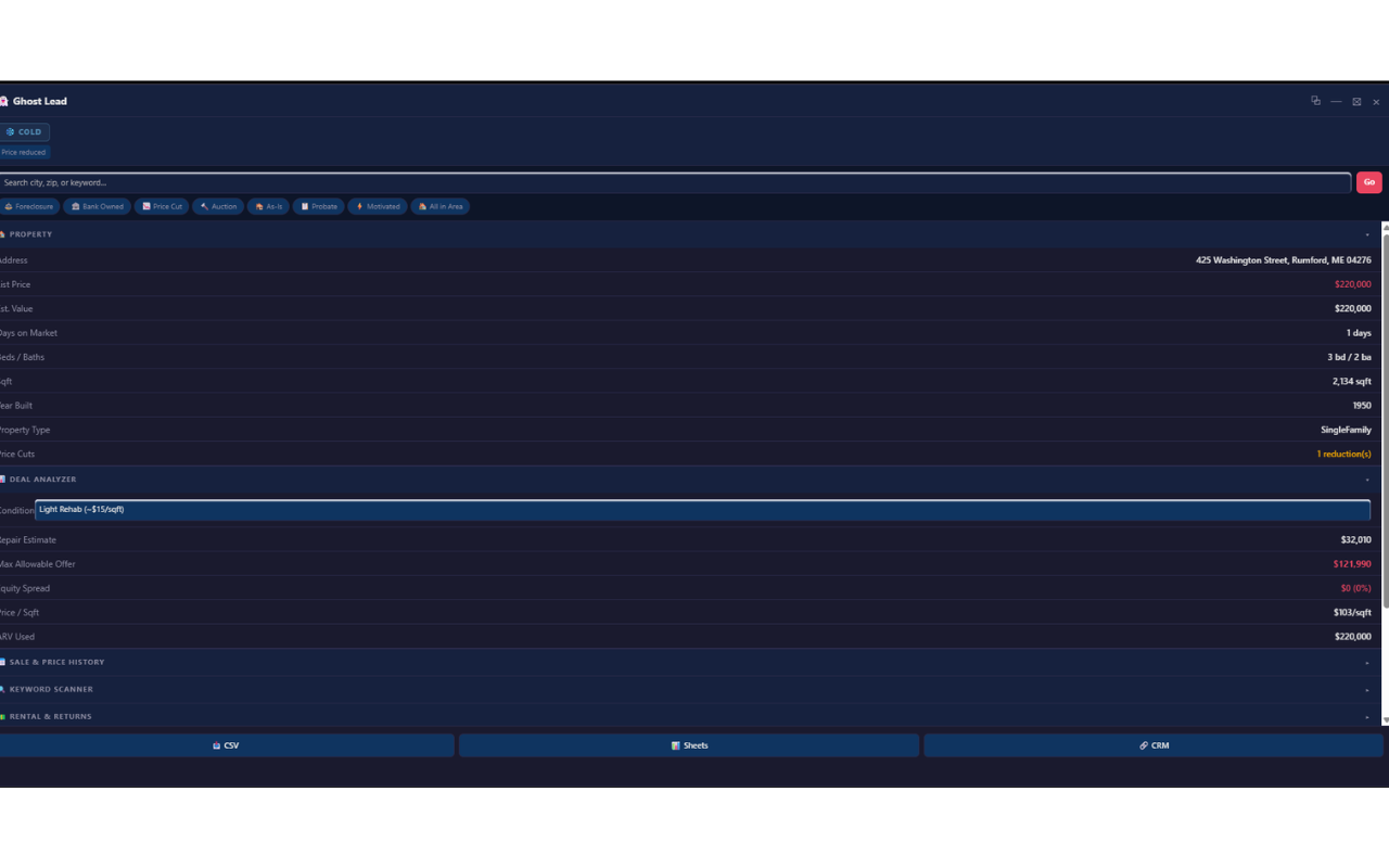 Ghost Lead analysis panel with property details and deal analyzer