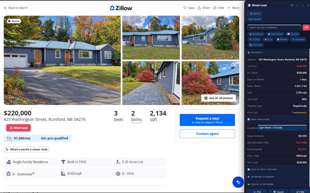Ghost Lead panel open beside a Zillow listing